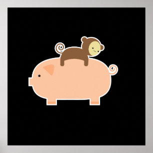 Poster 35" x 35" Monkey bébé équitation sur un cochon
