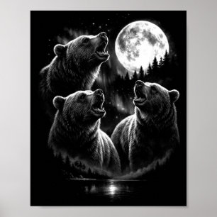 Poster 3 Howling Bear Moon Aurora Vintage Retro Style