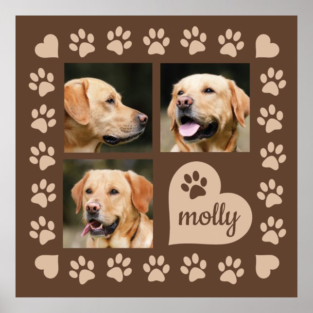 Poster 3 Photo Collage Nom du chien Coeur Brown (Devant)