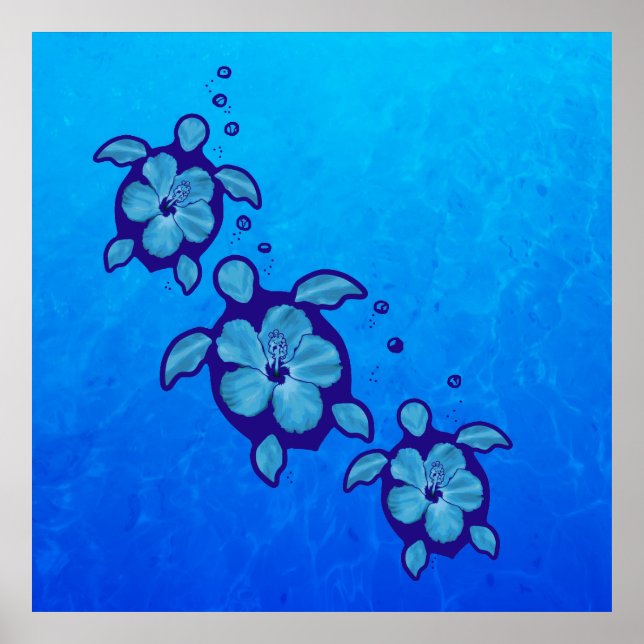 Poster 3 Tortues Honu Bleues (Devant)