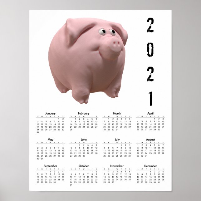 Poster 3D Funny Pig 2 White Calendar 2021 (Devant)