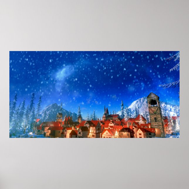 Poster 3d illustration du petit village alpin à l'aube. S (Devant)