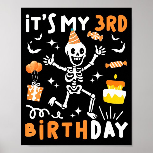 Poster 3e anniversaire enfants drôle squelette 3e jour bo (Devant)