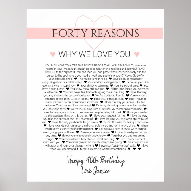 Poster 40 choses que j'aime à propos de votre anniversair (Devant)