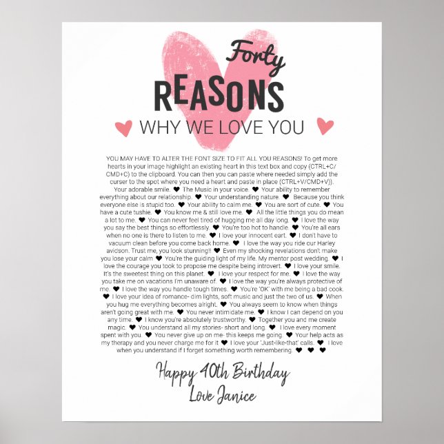 Poster 40 choses que j'aime à propos de votre anniversair (Devant)