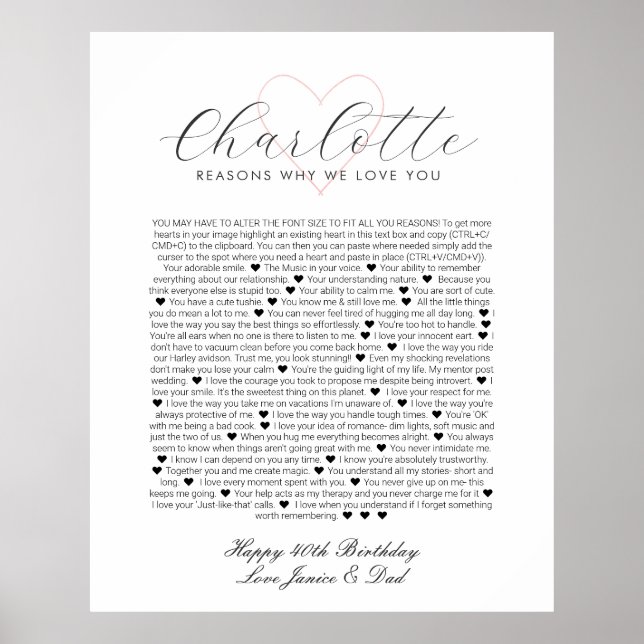 Poster 40 choses que j'aime chez toi anniversaire Poste (Devant)