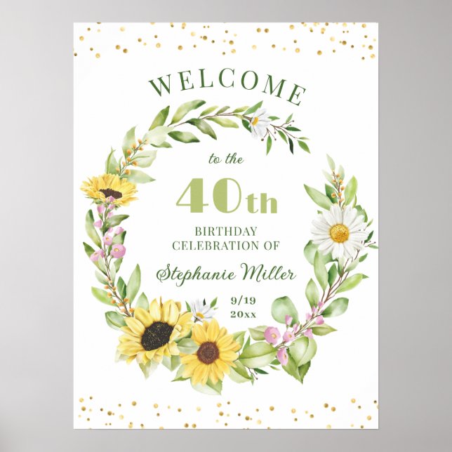 Poster 40e fête d'anniversaire Tournesol Floral Bienvenue (Devant)