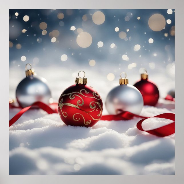 Poster 4 Baubles de Noël dans la neige (Devant)