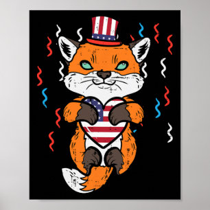 Poster 4 juillet Fox American Flag Heart Patriotic Kids