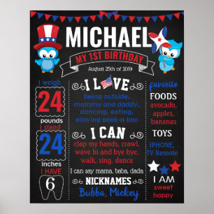 Poster 4 juillet Hibou Patriotique rouge drapeau bleu Ann