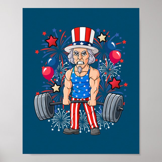 Poster 4 juillet Oncle Sam Weightlifting Funny (Devant)