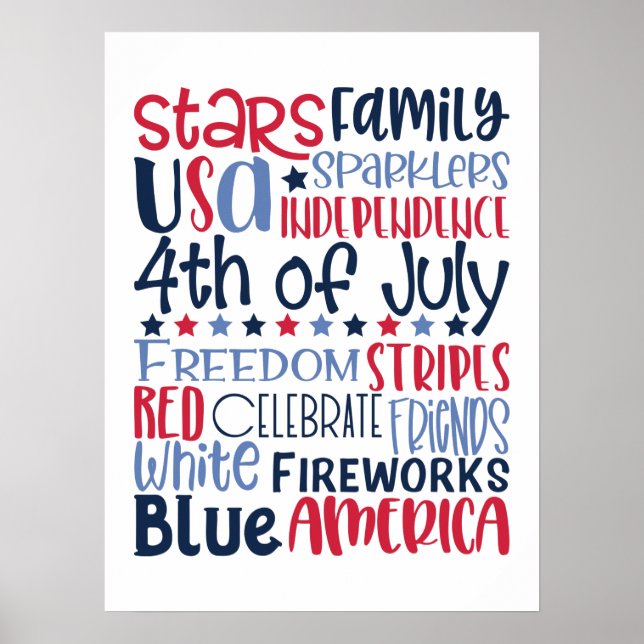Poster 4 juillet USA Rouge Blanc Bleu Moderne Typographie (Devant)