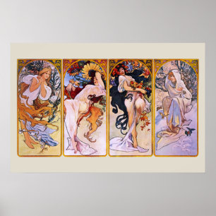 Poster 4 Saisons par Alphonse Mucha, Art Nouveau Vintage