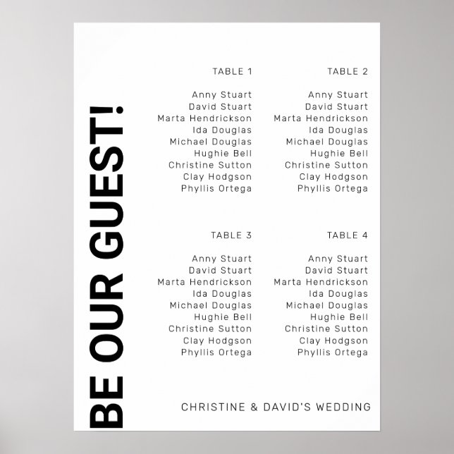Poster 4 tables Plan de table Simple Mariage Blanc (Devant)