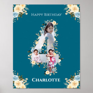 Poster 4e anniversaire Photo Collage Turquoise bleu jaune
