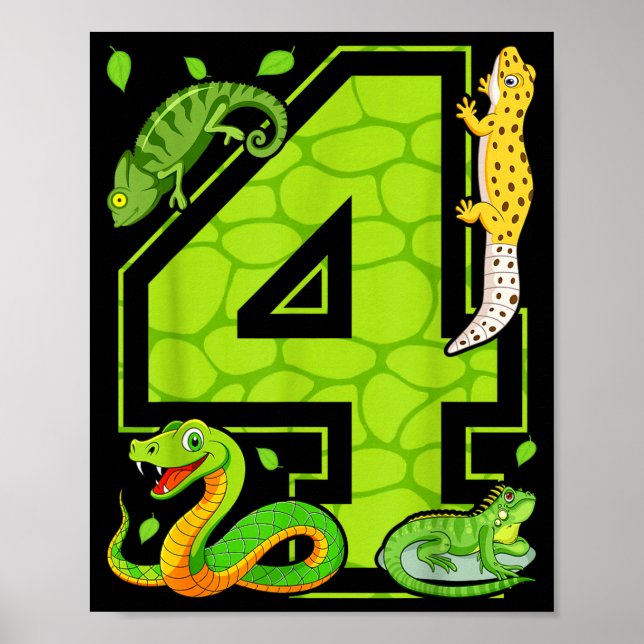 Poster 4th Birthday Snake Lizard Reptile 4 Year Old Party (Devant)