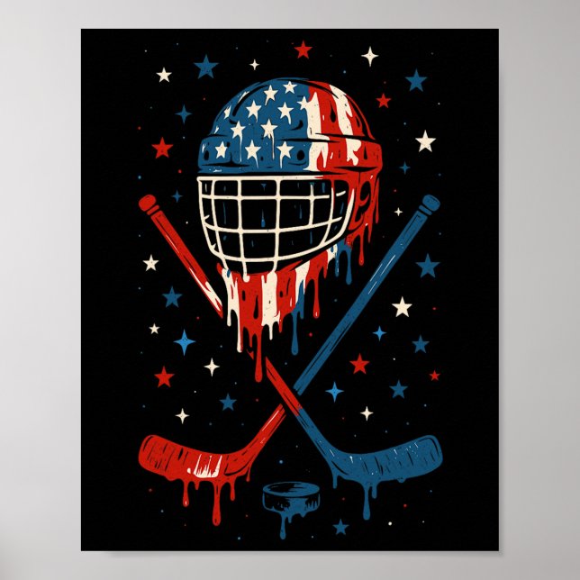 Poster 4th Of July Hockey Ice Cream Drip Helmet Sticks Us (Devant)