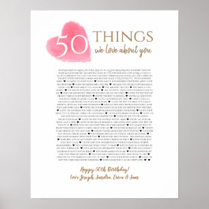 Poster 50 choses que nous aimons à propos de vous aquarel