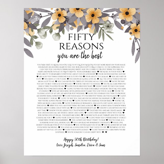 Poster 50 choses que nous aimons chez vous fleurs jaunes  (Devant)