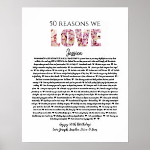 Poster 50 raisons nous t'aimons cadeau d'anniversaire mam
