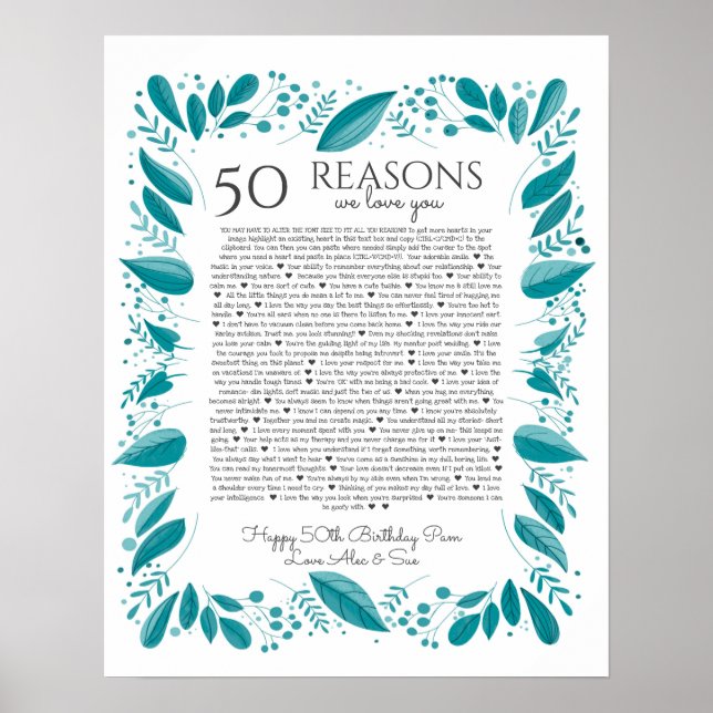 Poster 50 raisons pour lesquelles nous vous aimons feuill (Devant)