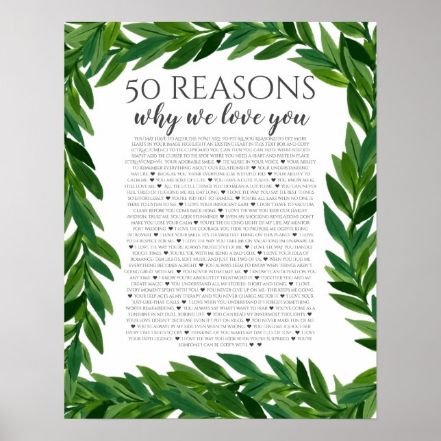 Poster 50 raisons pour lesquelles nous vous aimons feuill (Devant)