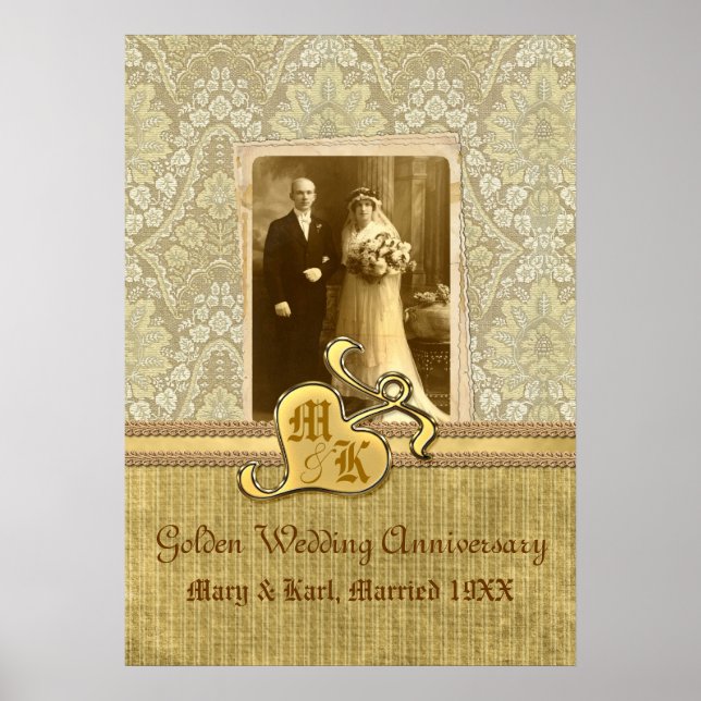 Poster 50e anniversaire Mariage Antique Damask Or (Devant)