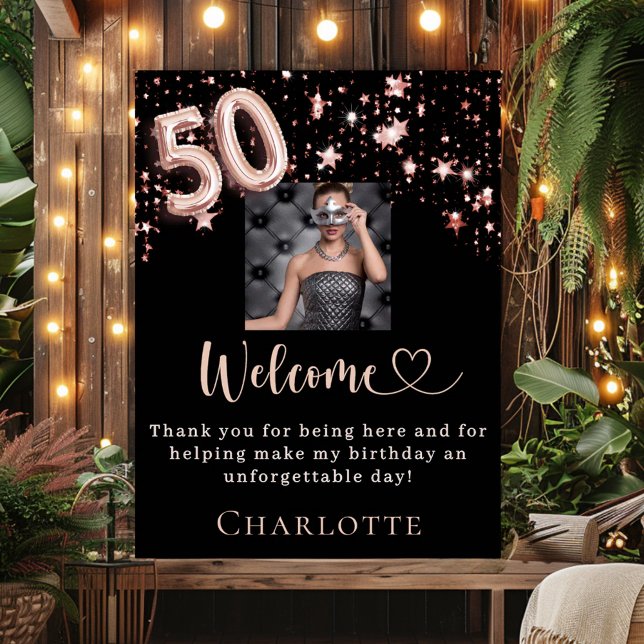Poster 50e anniversaire noir rose or photo étoiles bienve (Créateur téléchargé)