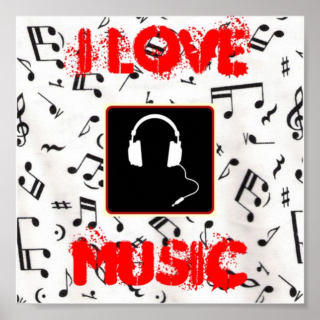 Poster 57MusicNotes, écouteurs1, I LOVE, MUSIQUE (Devant)