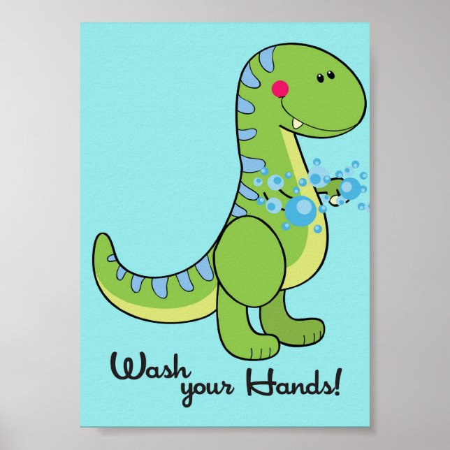 Poster 5x7 Dinosaur Laver vos mains Salle de bain Mur Art (Devant)