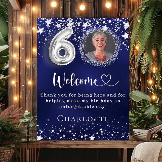 Poster 60e anniversaire bleu argent étoiles photo bienven (Créateur téléchargé)