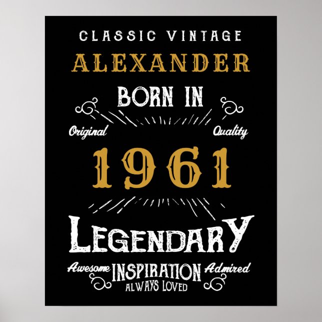Poster 60e anniversaire personnalisé Né en 1961 Noir Vint (Devant)