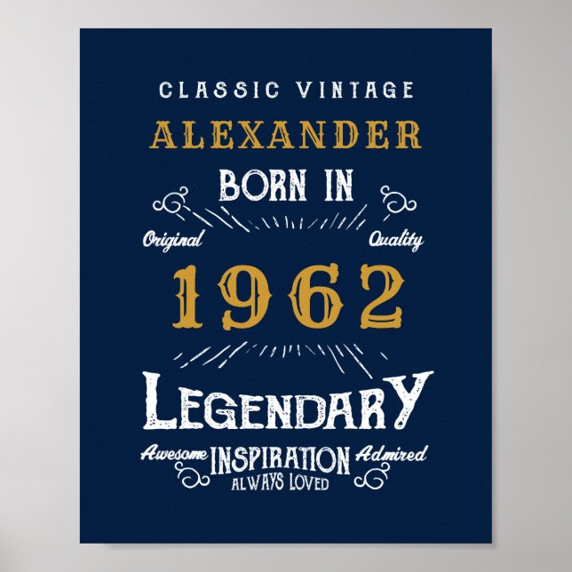 Poster 60th Birthday 1962 Ajouter Nom Legendary Blue Gold (Devant)