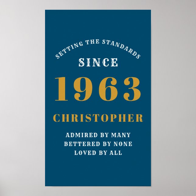 Poster 60th Birthday Born 1963 Ajouter Nom Blue Gold (Devant)