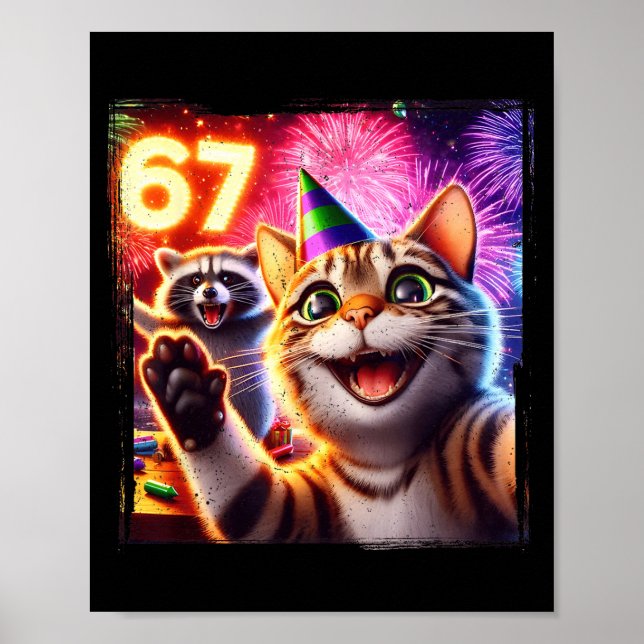 Poster 67 Meme Cat Raccoon New Year Selfie Funny Birthday (Devant)