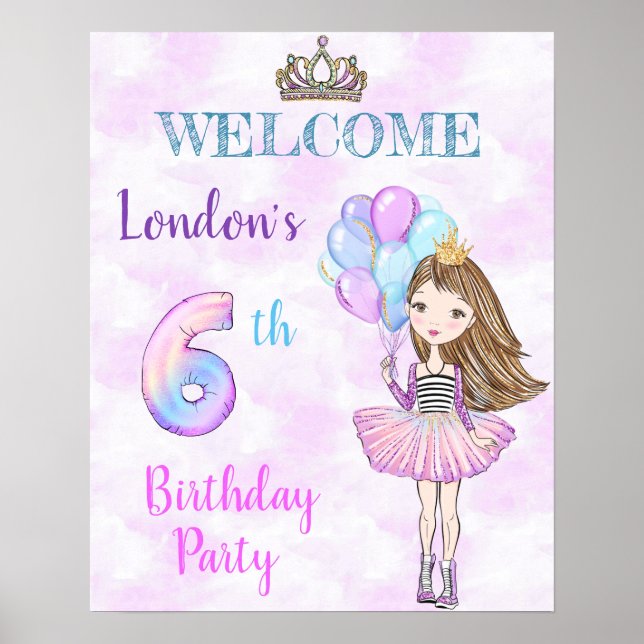 Poster 6e anniversaire fille princesse Lavande Turquoise (Devant)