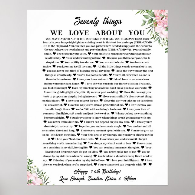 Poster 70 raisons pour lesquelles nous aimons (Devant)