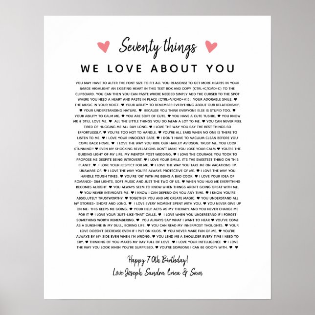 Poster 70 raisons pour lesquelles nous vous aimons cadeau (Devant)