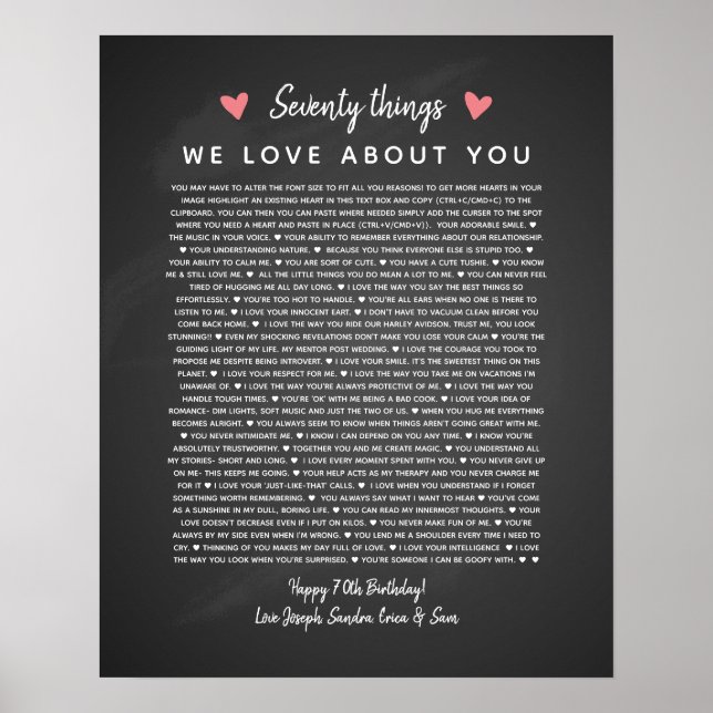 Poster 70 raisons pour lesquelles nous vous aimons cadeau (Devant)