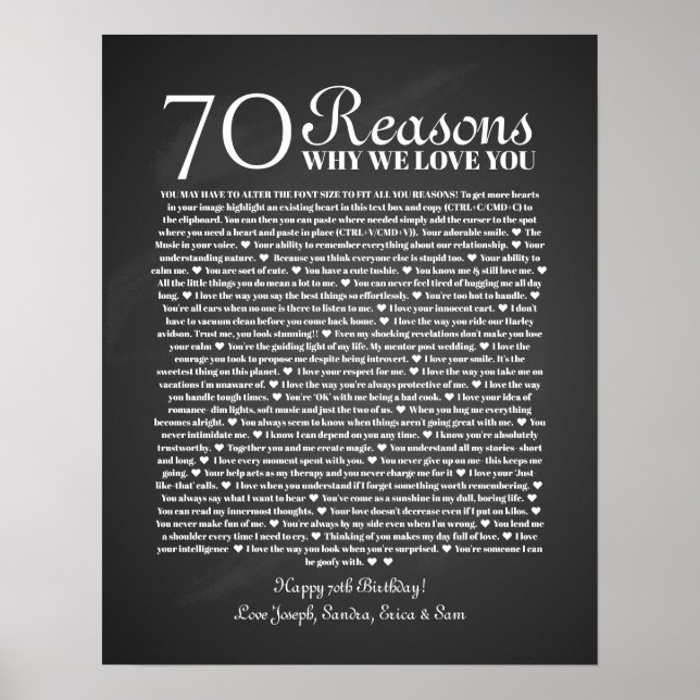 Poster 70 raisons pour lesquelles nous vous aimons cadeau (Devant)