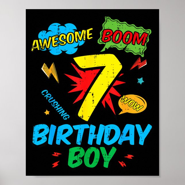 Poster 7 Birthday Boy Comic Cool 7th Bday Superhero Party (Devant)