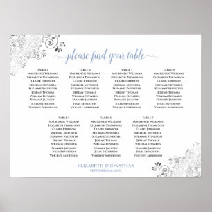 Poster 7 Table White & Blue Frilly Wedding Seating Chart