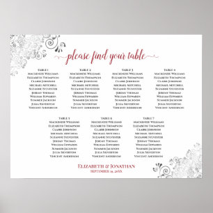 Poster 7 Table White & Red Frilly Wedding Seating Chart