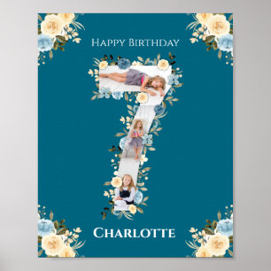 Poster 7e anniversaire Photo Collage bleu Fleur jaune Tur
