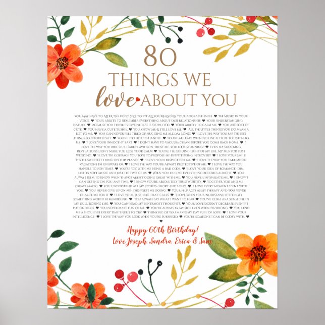 Poster 80 choses que nous aimons chez vous fleurs d'orang (Devant)