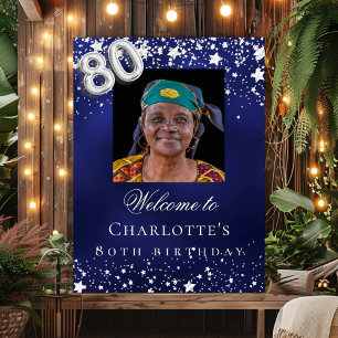Poster 80e anniversaire bleu argent étoiles photo bienven