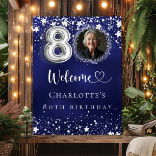 Poster 80e anniversaire bleu argent étoiles photo bienven