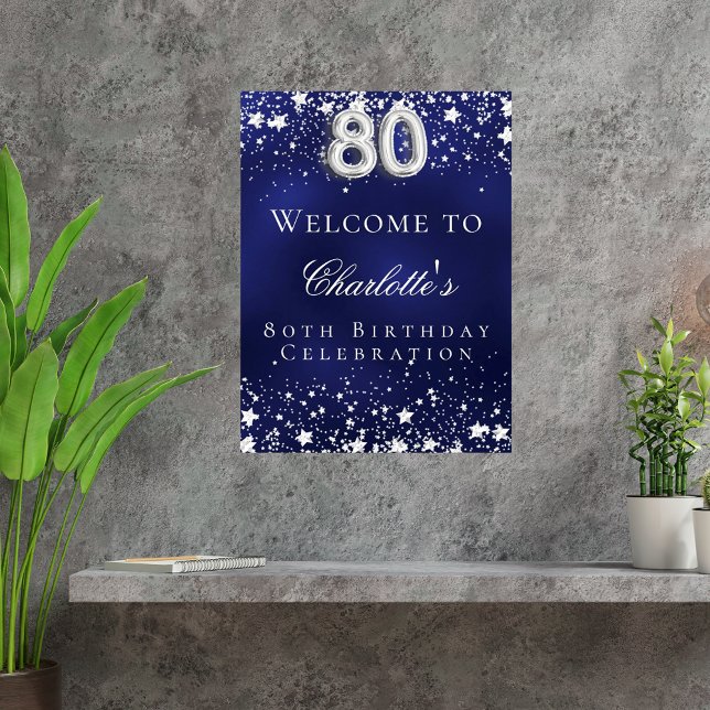 Poster 80e anniversaire bleu argent stars bienvenue (Créateur téléchargé)