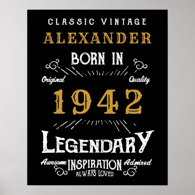 Poster 80e anniversaire personnalisé Né en 1942 Noir Vint (Devant)
