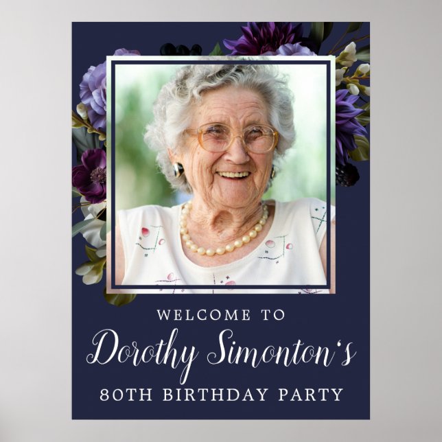 Poster 80e anniversaire Photo Moody Purple Floral Bienven (Devant)